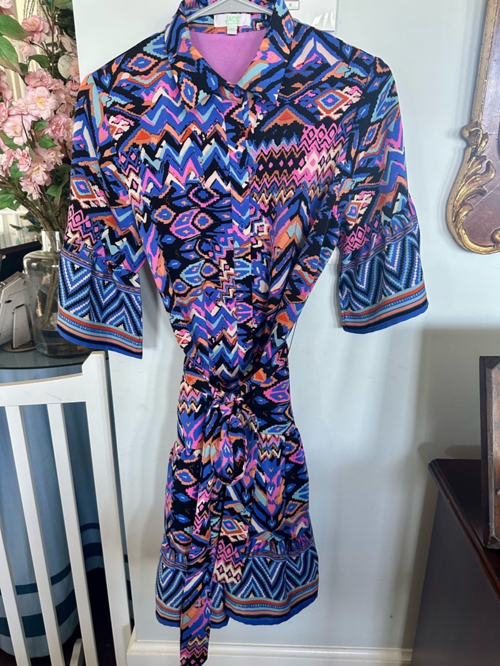Jade Multicolor Geometric Midi Dress in Blue, Pink & Orange Size S/ runs like M